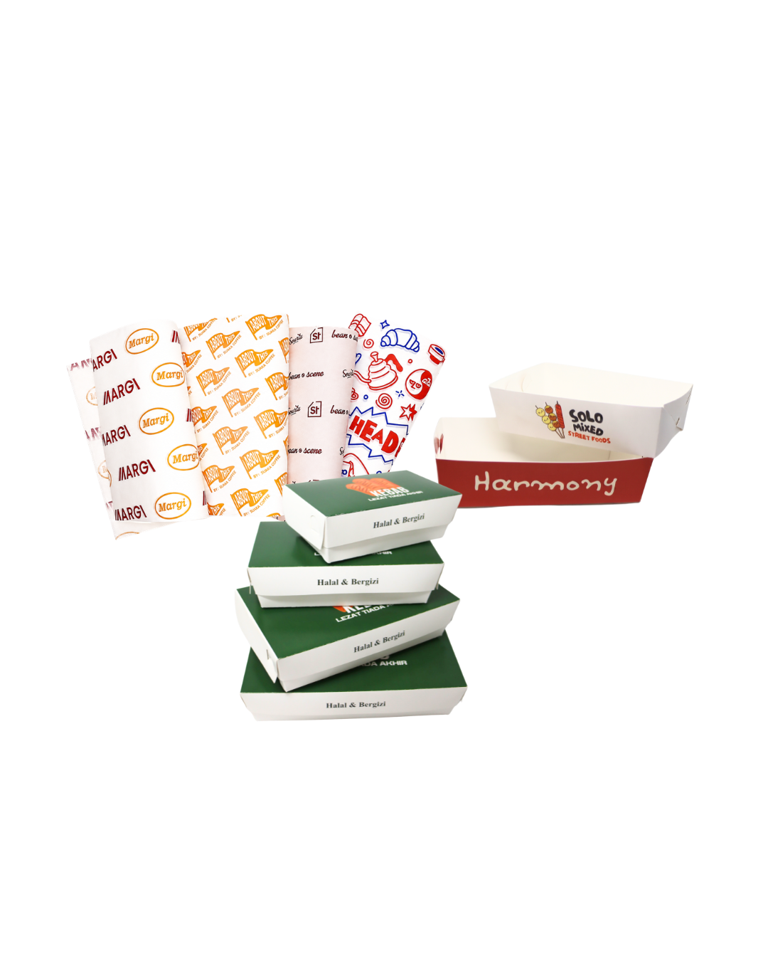 Lunch box, food tray, dan kertas roti greaseproof custom hasil cetak YukPrint